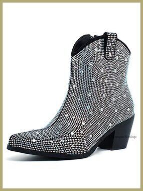Rhinestone Chunky Heel Ankle Boots Sparkly Pointed Toe Cowgirl Booties